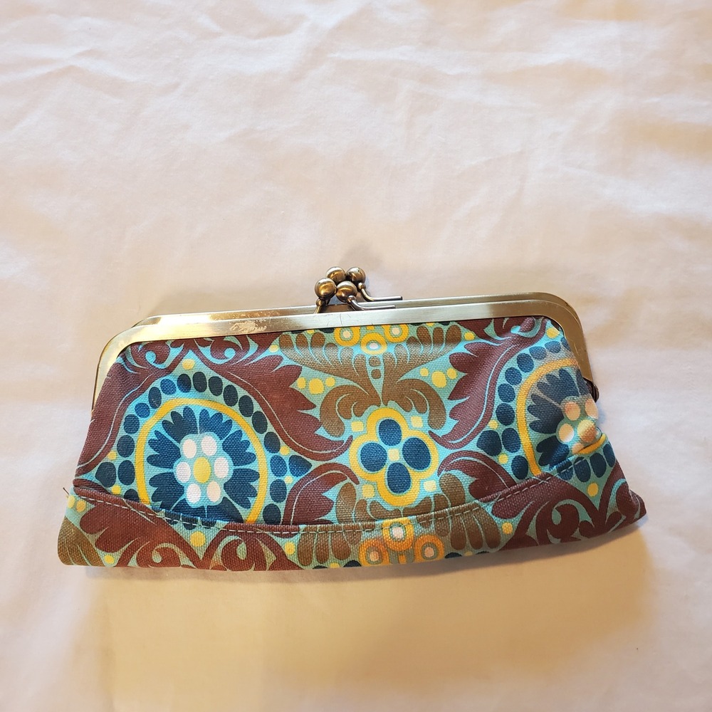 Lulu Canvas Double Kiss Lock Clutch Bag Boho Paisley Print Blue Brown Handbag